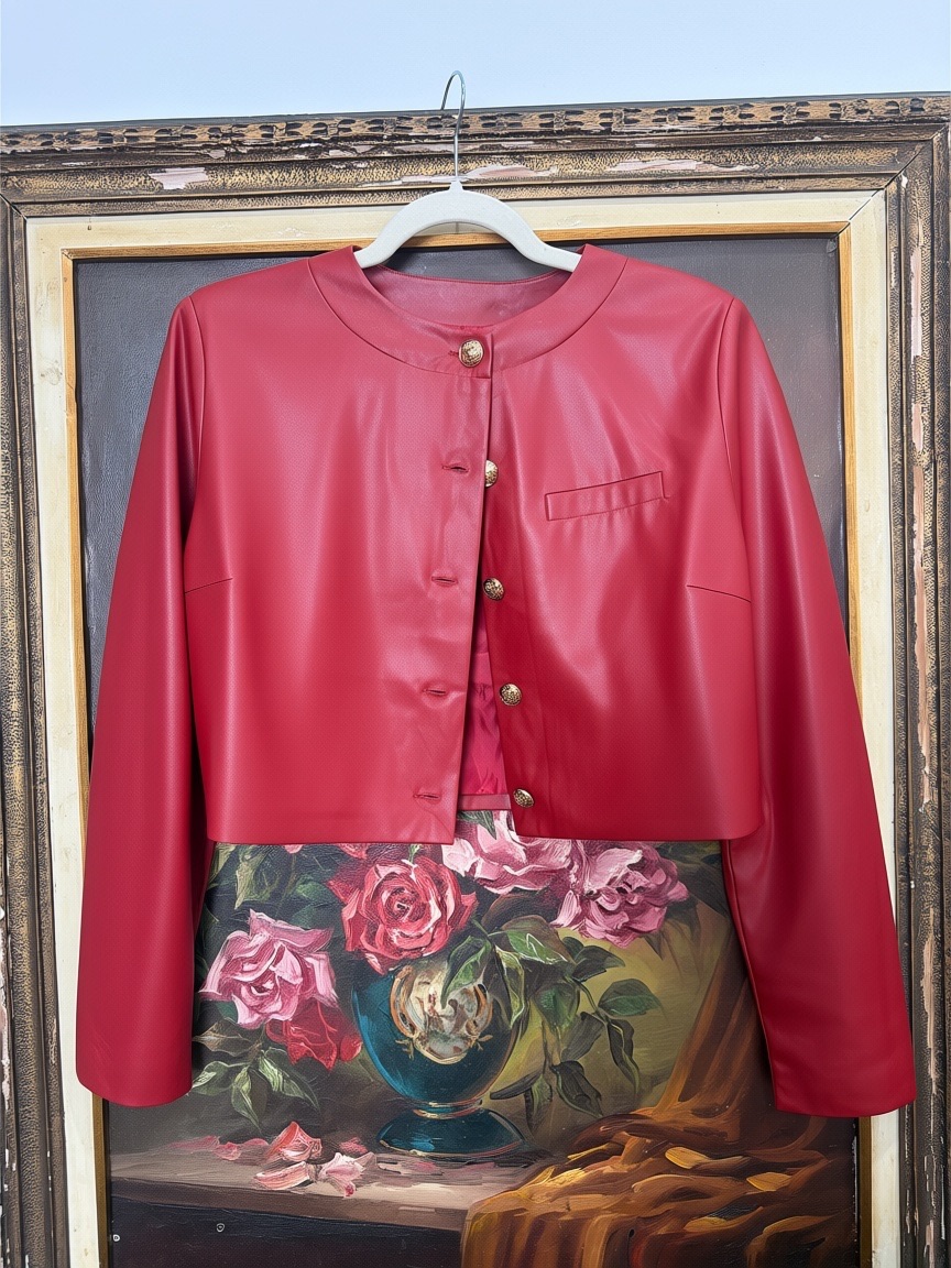 Flying Tomato Red Leather Bomber Jacket With Gold Buttons